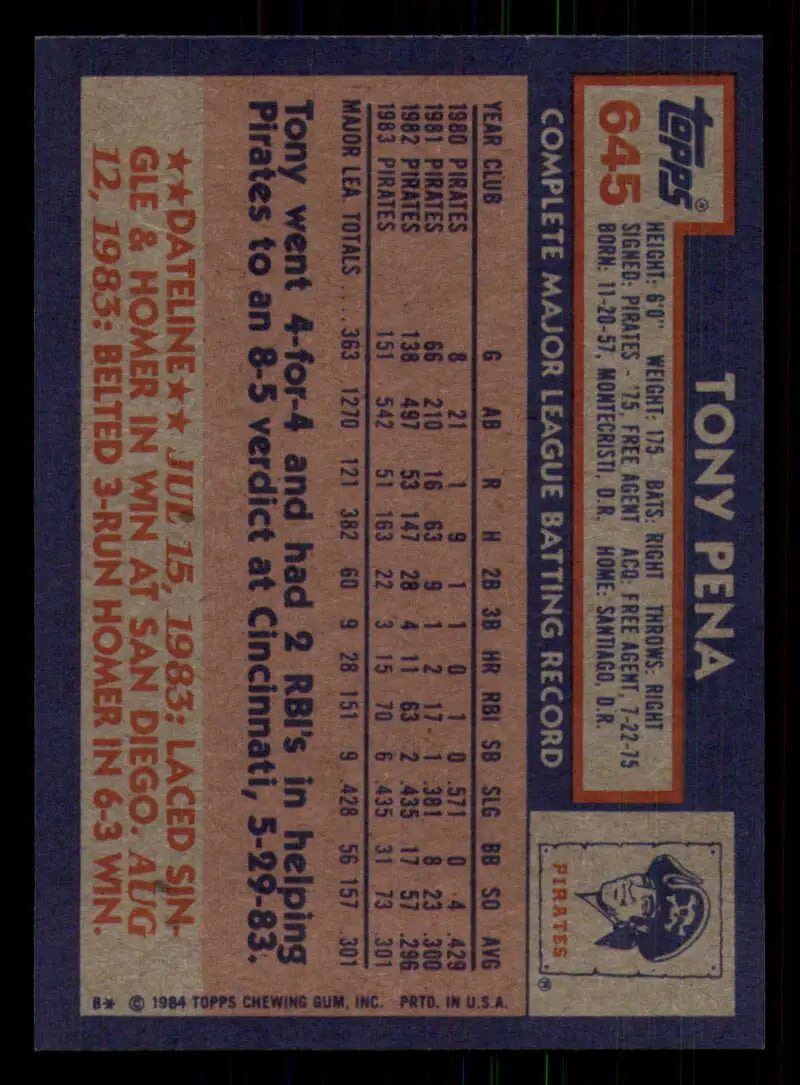 1984 Topps #645 Tony Pena EX Excellent Pittsburgh Pirates Baseball Card - Baseball Card Single