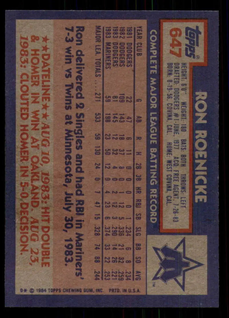1984 Topps #647 Ron Roenicke EX Excellent Seattle Mariners Baseball Card - Baseball Card Single