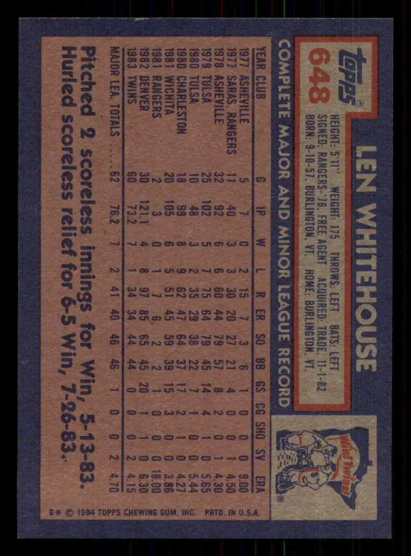 1984 Topps #648 Len Whitehouse EX Excellent Minnesota Twins Baseball Card - Baseball Card Single