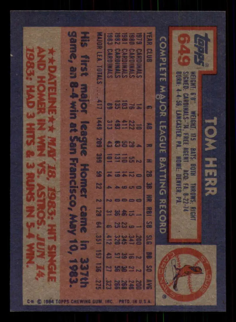 1984 Topps #649 Tom Herr EX Excellent St. Louis Cardinals Baseball Card - Baseball Card Single