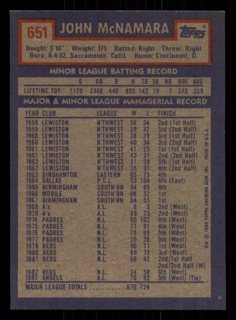1984 Topps #651 John McNamara EX Excellent California Angels Baseball Card - Baseball Card Single