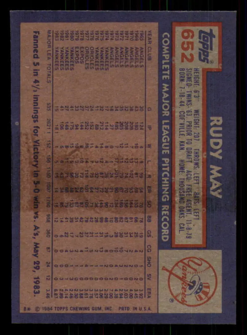 1984 Topps #652 Rudy May EX Excellent New York Yankees Baseball Card - Baseball Card Single