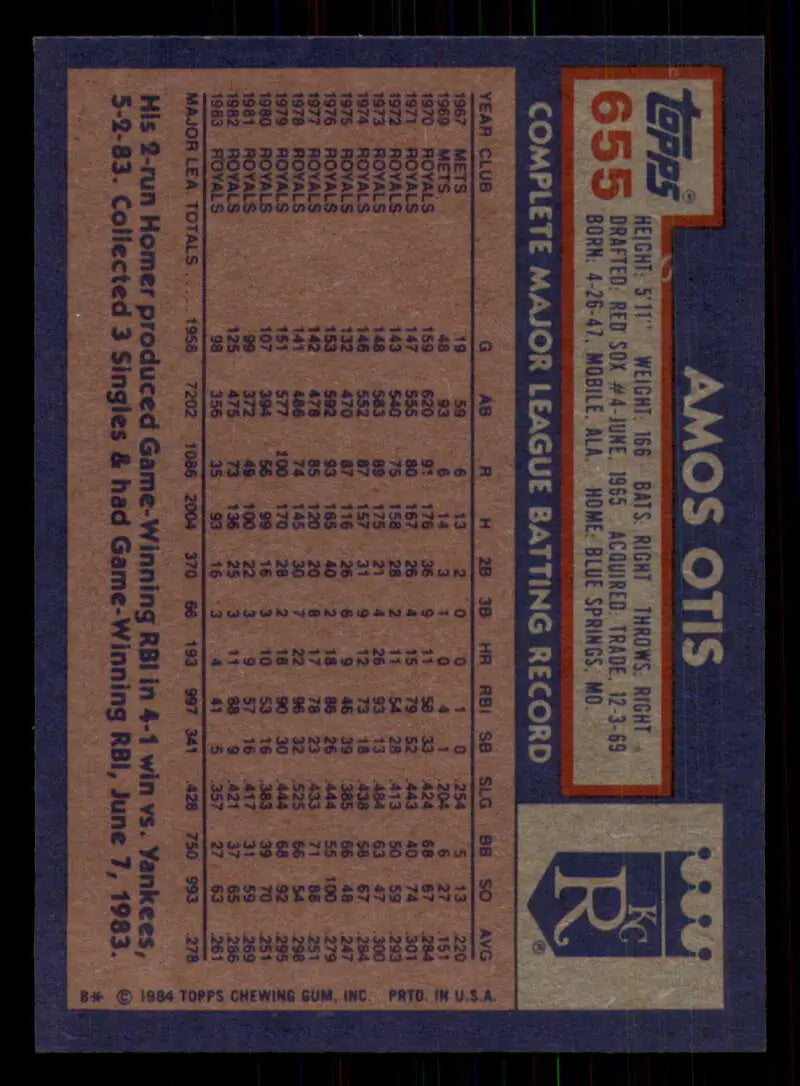 1984 Topps #655 Amos Otis EX Excellent Kansas City Royals Baseball Card - Baseball Card Single