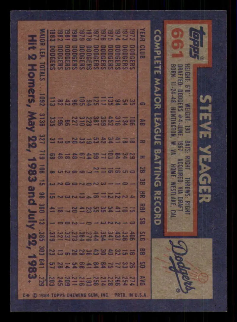 1984 Topps #661 Steve Yeager EX Excellent Los Angeles Dodgers Baseball Card - Baseball Card Single