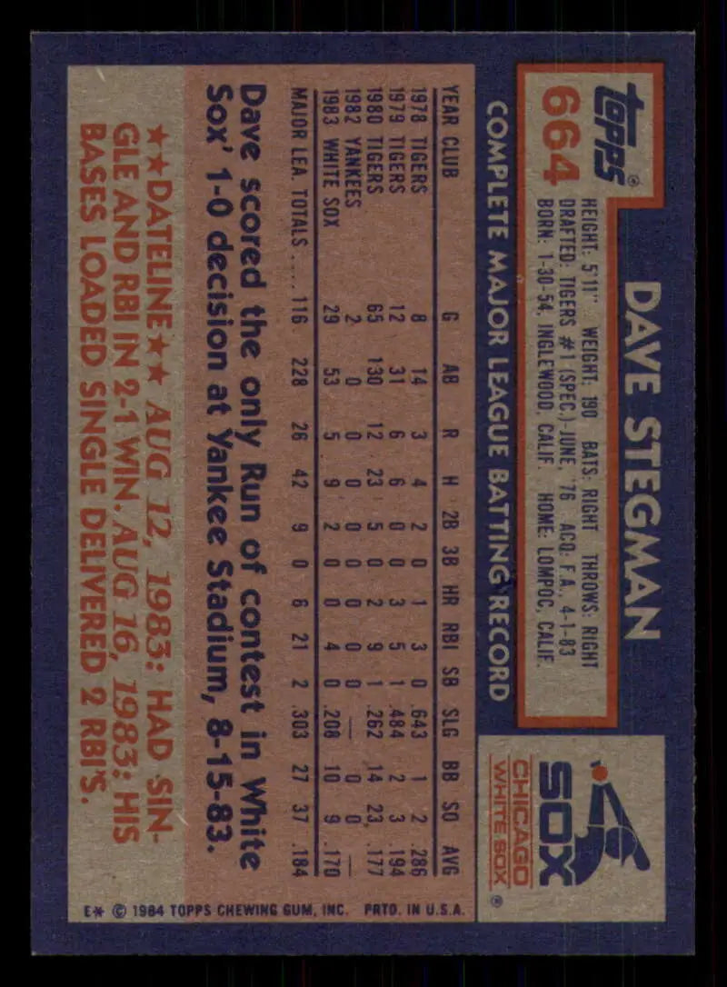 1984 Topps #664 Dave Stegman EX Excellent Chicago White Sox Baseball Card - Baseball Card Single