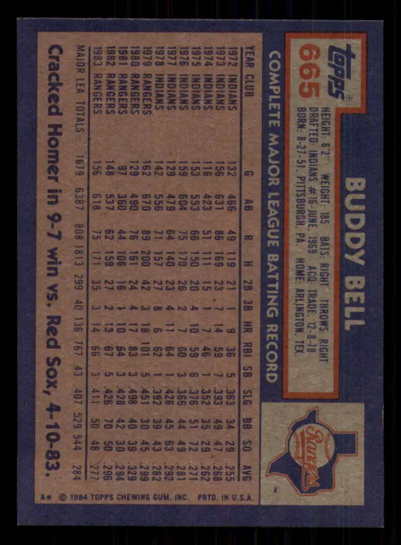 1984 Topps #665 Buddy Bell EX Excellent Texas Rangers Baseball Card - Baseball Card Single