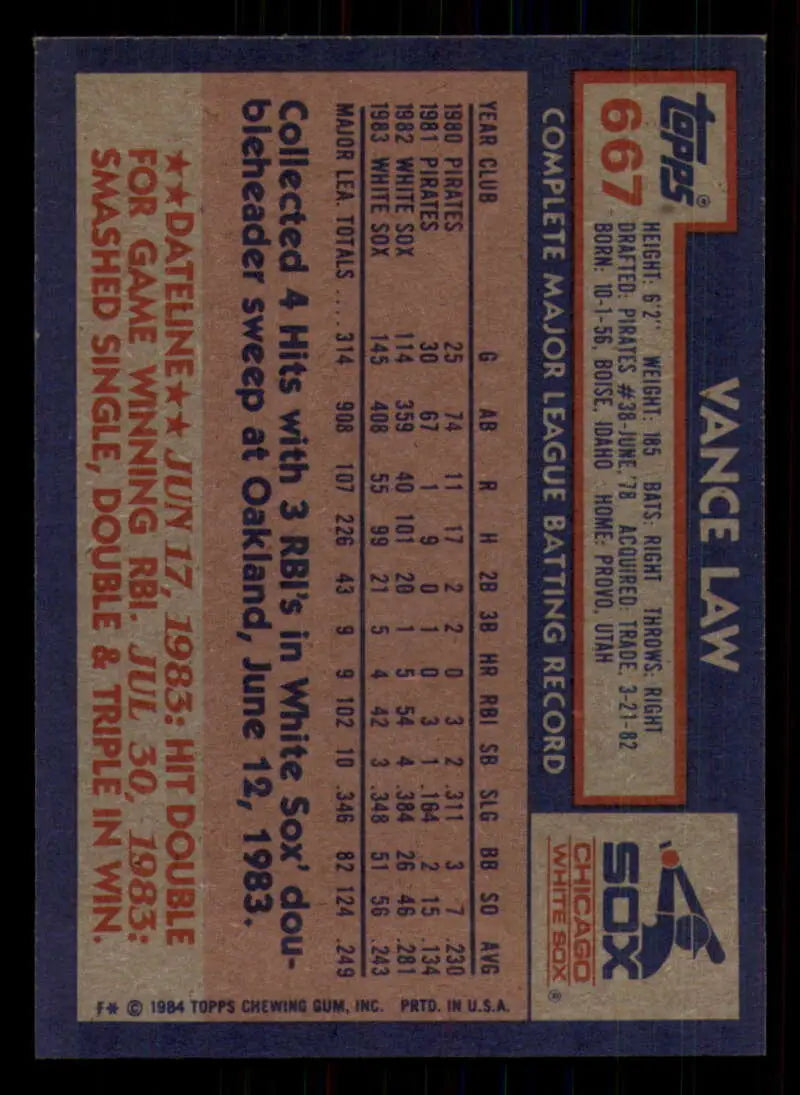 1984 Topps #667 Vance Law EX Excellent Chicago White Sox Baseball Card - Baseball Card Single