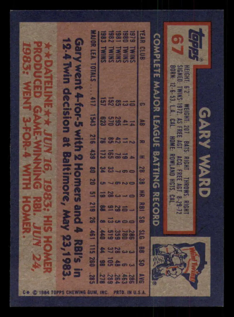 1984 Topps #67 Gary Ward EX Excellent Minnesota Twins Baseball Card - Baseball Card Single