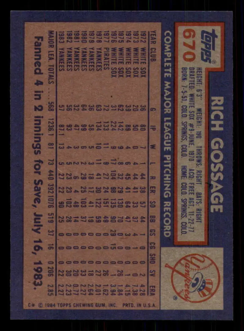 1984 Topps #670 Rich Gossage EX Excellent New York Yankees Baseball Card - Baseball Card Single