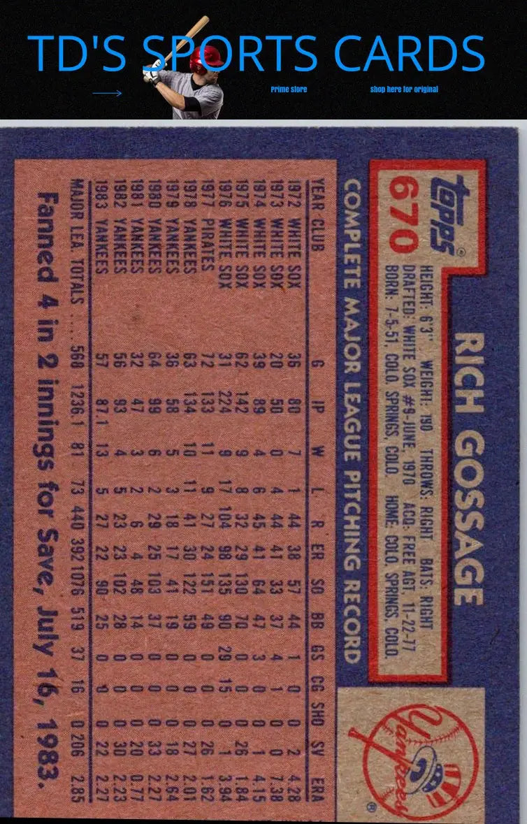Vintage baseball card back of 1984 Topps Rich Gossage collectible featuring player stats