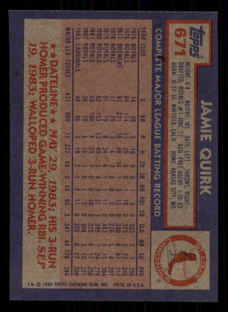 1984 Topps #671 Jamie Quirk EX Excellent St. Louis Cardinals Baseball Card - Baseball Card Single