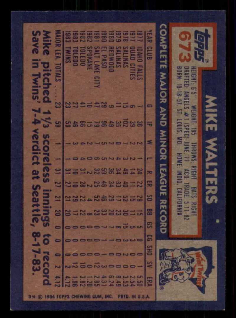 1984 Topps #673 Mike Walters EX Excellent Minnesota Twins Baseball Card - Baseball Card Single