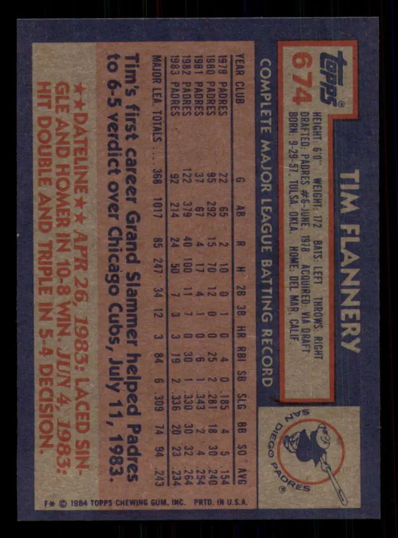 1984 Topps #674 Tim Flannery EX Excellent San Diego Padres Baseball Card - Baseball Card Single