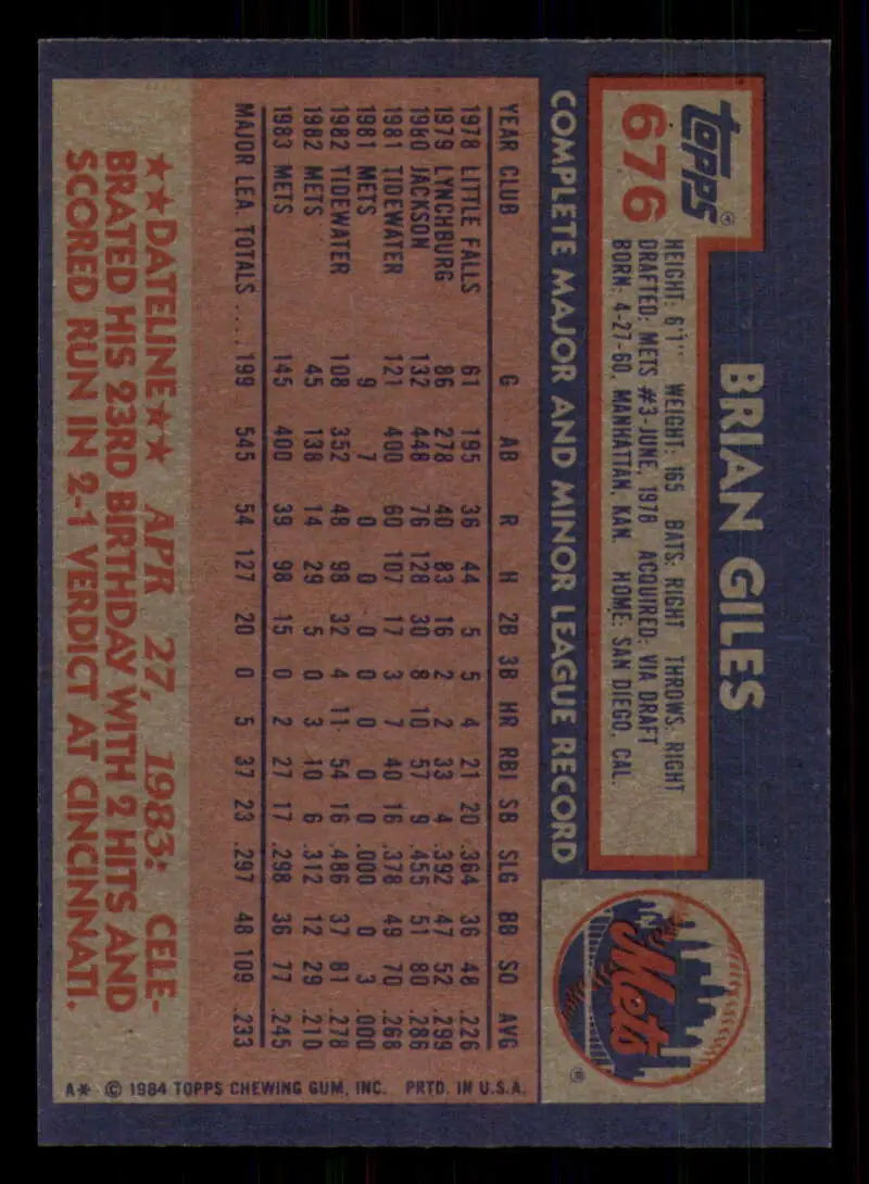 1984 Topps #676 Brian Giles EX Excellent New York Mets Baseball Card - Baseball Card Single