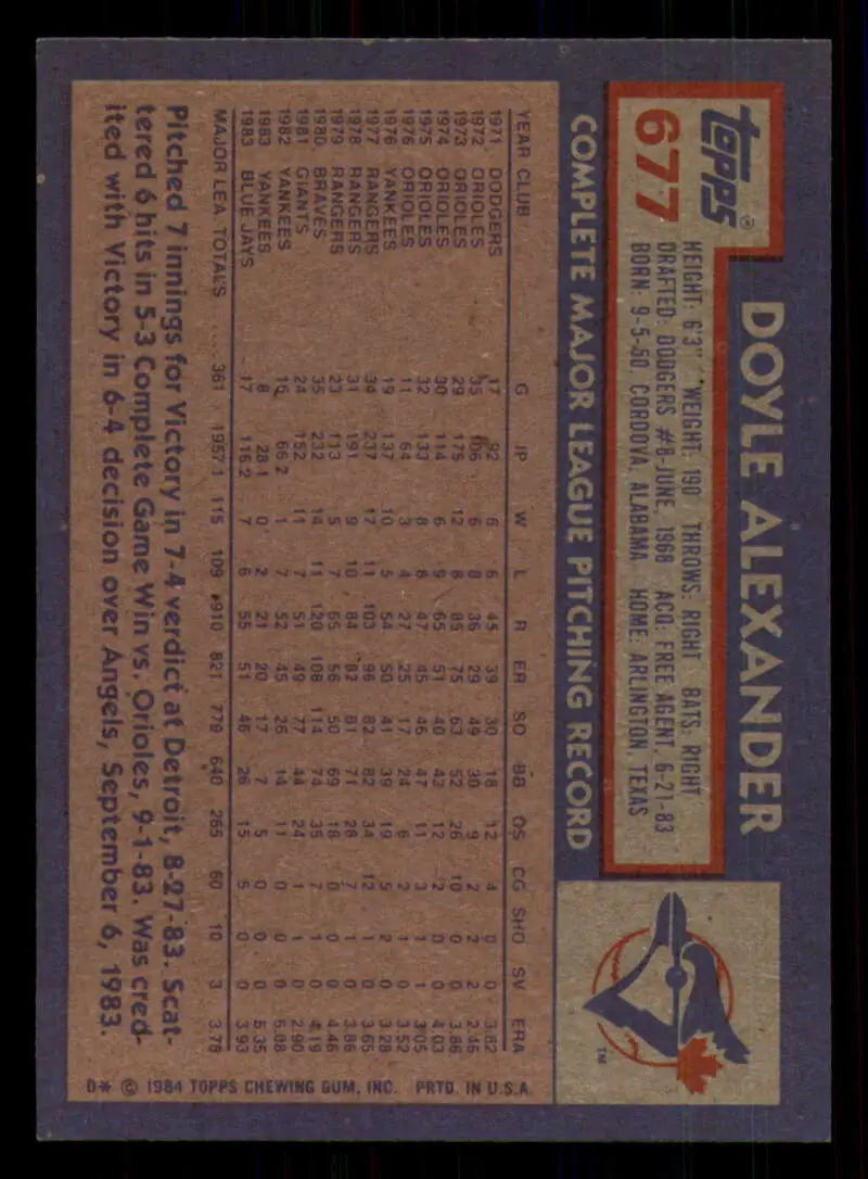 1984 Topps #677 Doyle Alexander EX Excellent Toronto Blue Jays Baseball Card - Baseball Card Single