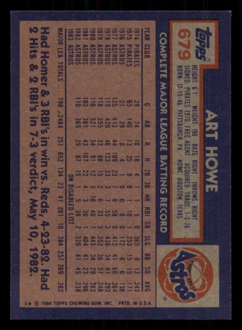 1984 Topps #679 Art Howe EX Excellent Houston Astros Baseball Card - Baseball Card Single