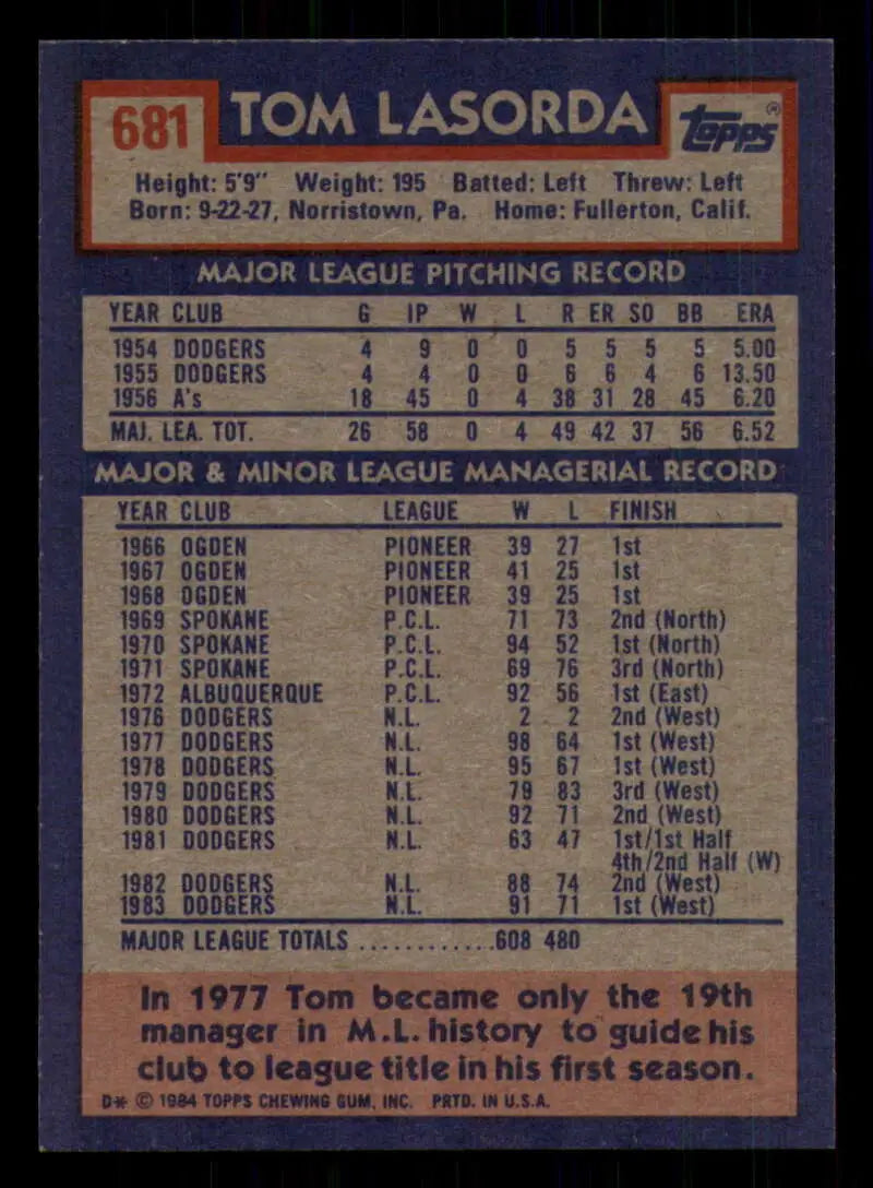 1984 Topps #681 Tommy Lasorda EX Excellent Los Angeles Dodgers Baseball Card - Baseball Card Single