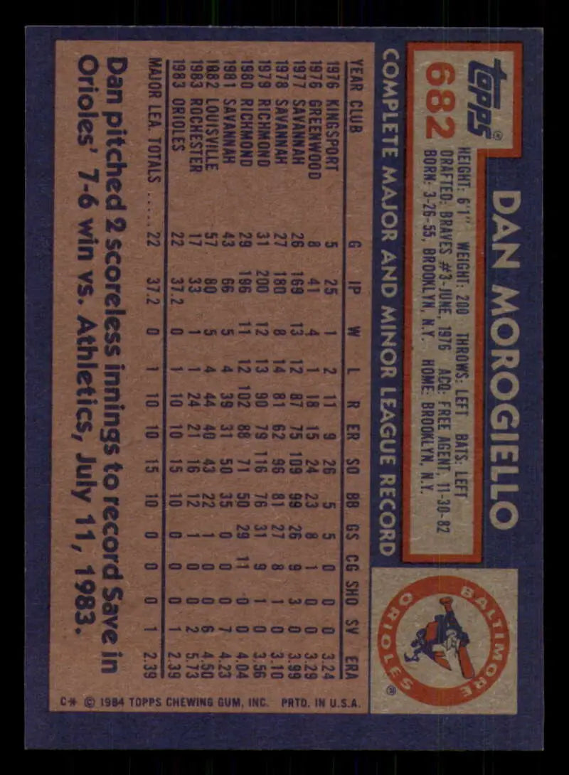 1984 Topps #682 Dan Morogiello EX Excellent RC Rookie Baltimore Orioles Baseball Card - Baseball Card Single
