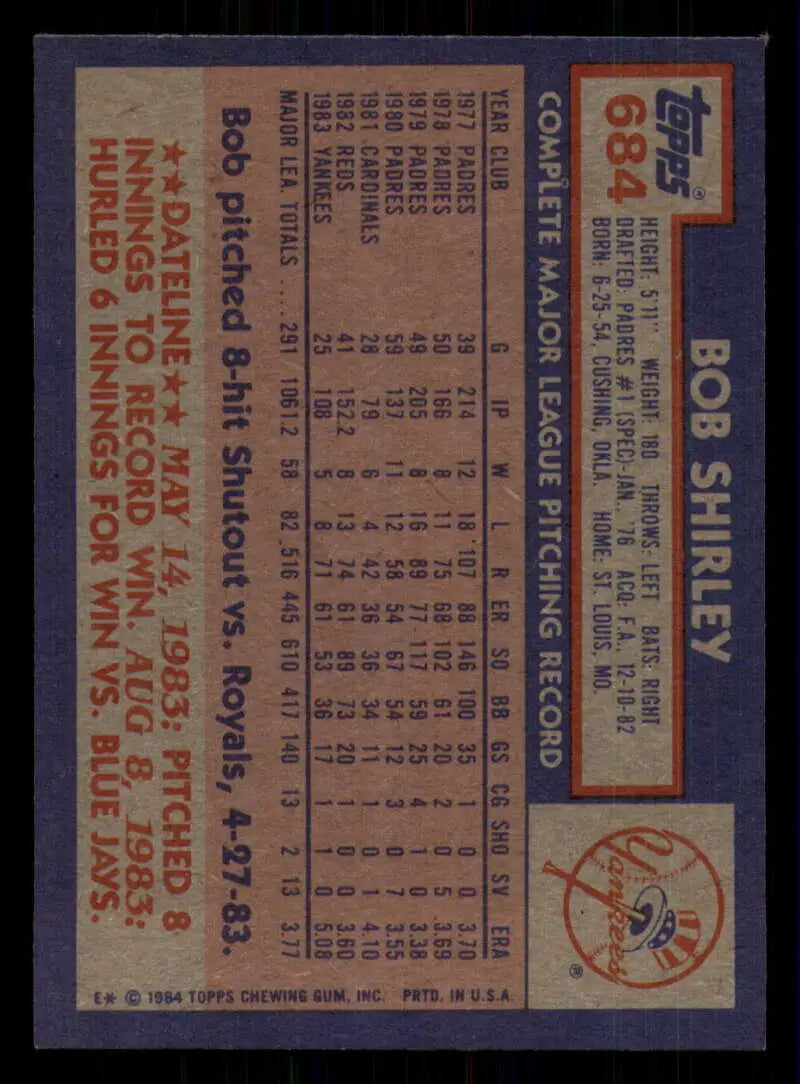 1984 Topps #684 Bob Shirley EX Excellent New York Yankees Baseball Card - Baseball Card Single