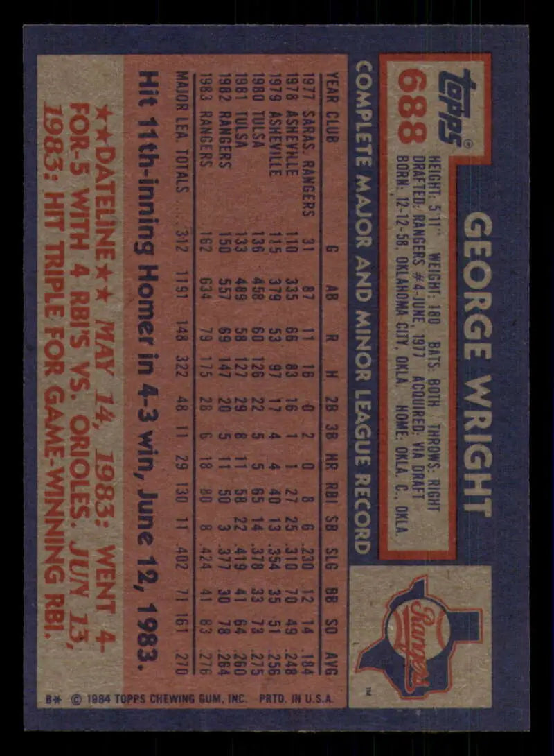 1984 Topps #688 George Wright EX Excellent Texas Rangers Baseball Card - Baseball Card Single