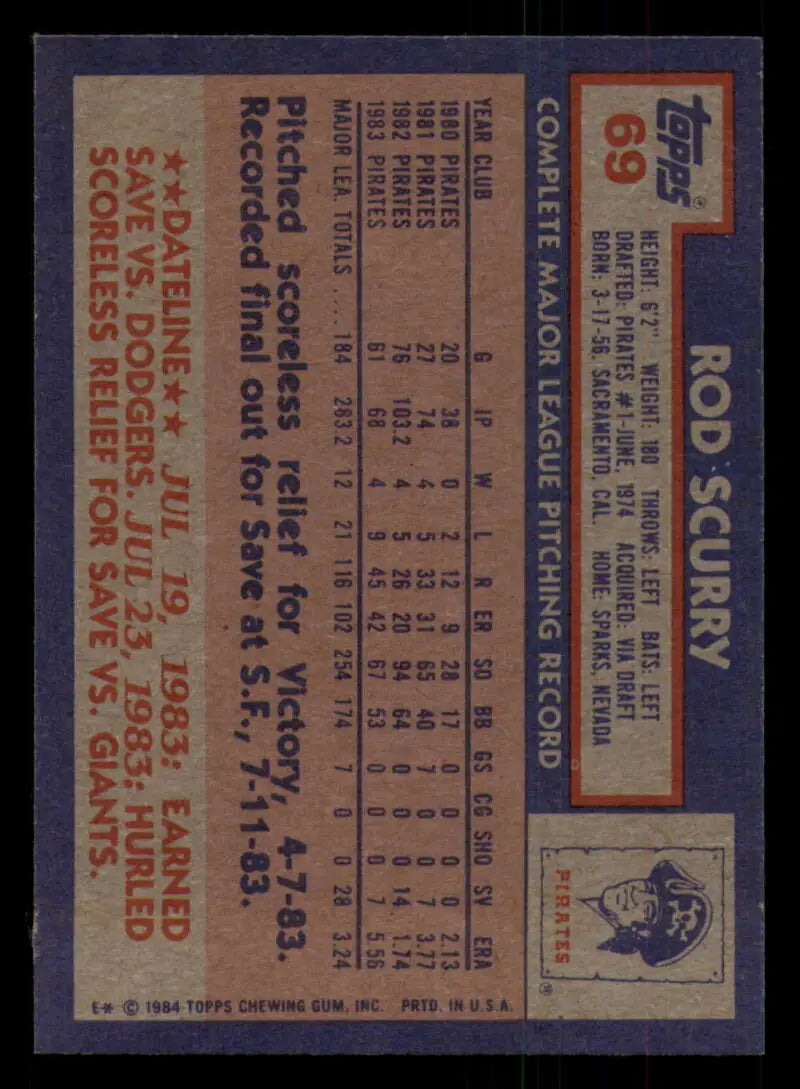 1984 Topps #69 Rod Scurry EX Excellent Pittsburgh Pirates Baseball Card - Baseball Card Single