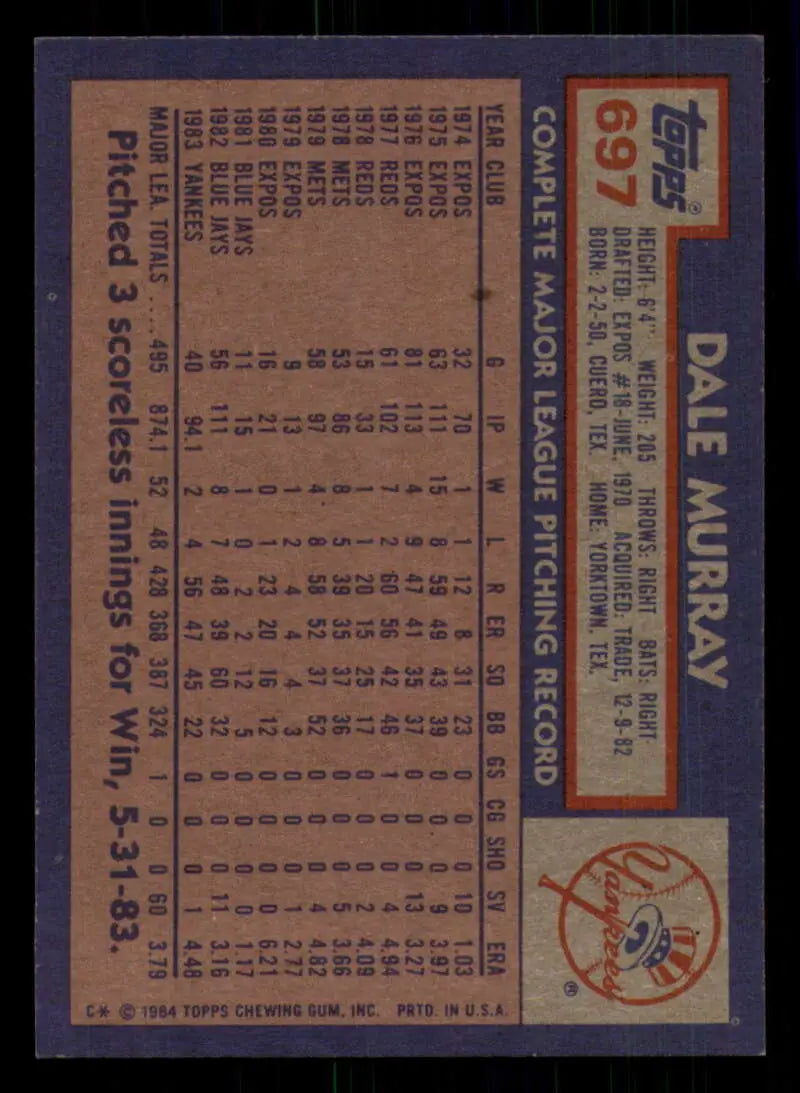 1984 Topps #697 Dale Murray EX Excellent New York Yankees Baseball Card - Baseball Card Single
