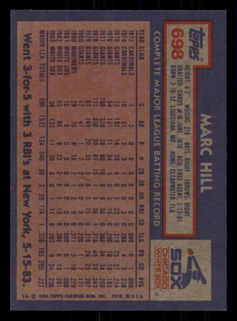 1984 Topps #698 Marc Hill EX Excellent Chicago White Sox Baseball Card - Baseball Card Single