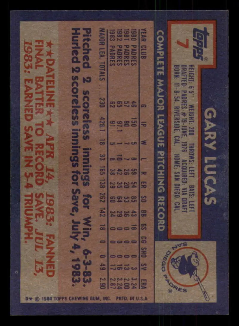 1984 Topps #7 Gary Lucas EX Excellent San Diego Padres Baseball Card - Baseball Card Single