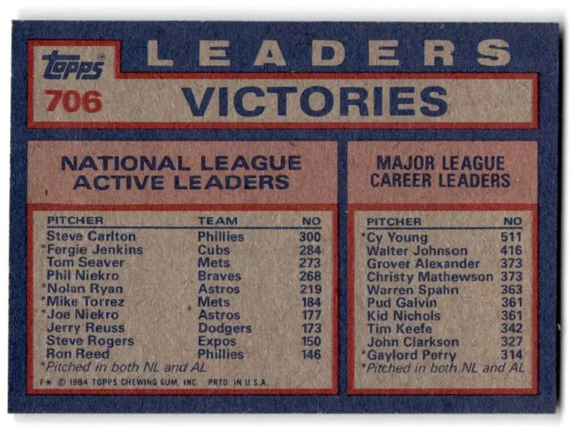 1984 Topps #706 Steve Carlton/Fergie Jenkins/Tom Seaver EX Excellent Chicago Cubs/Philadelphia Phillies/New York Mets