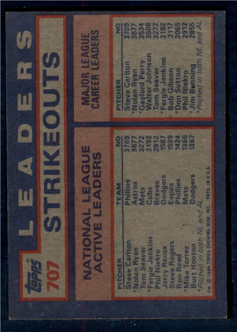 1984 Topps #707 Steve Carlton/Nolan Ryan/Tom Seaver EX Excellent Houston Astros/Philadelphia Phillies/New York Mets