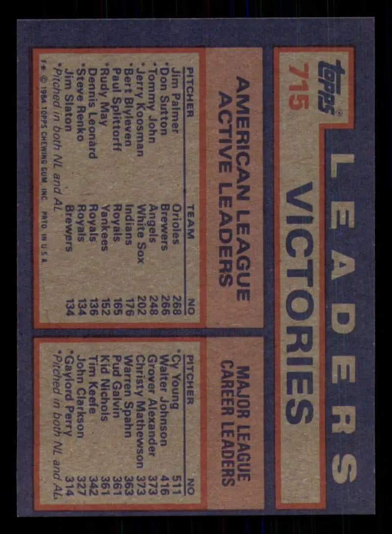 1984 Topps #715 Jim Palmer/Don Sutton/Tommy John EX Excellent Milwaukee Brewers/Baltimore Orioles/California Angels