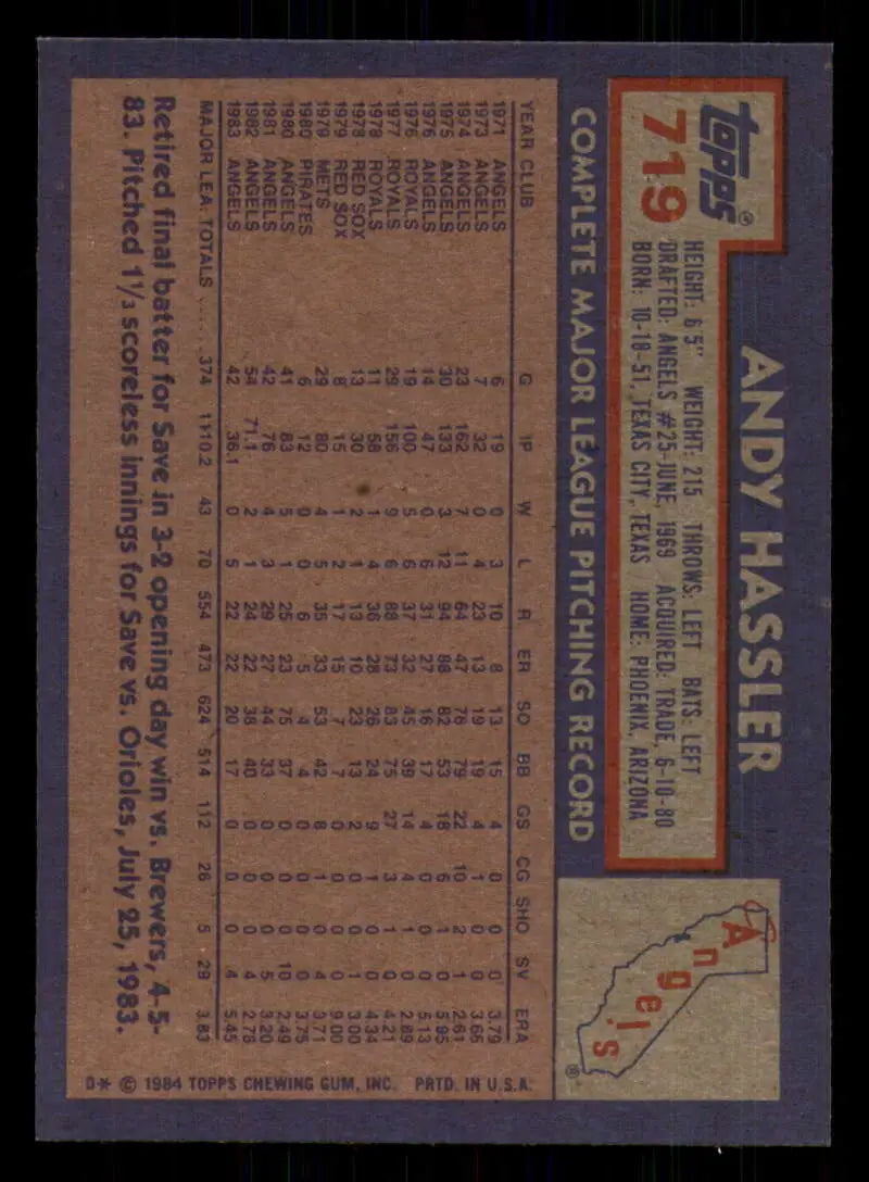 1984 Topps #719 Andy Hassler EX Excellent California Angels Baseball Card - Baseball Card Single