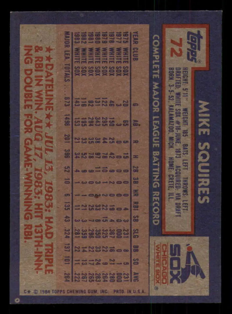 1984 Topps #72 Mike Squires EX Excellent Chicago White Sox Baseball Card - Baseball Card Single