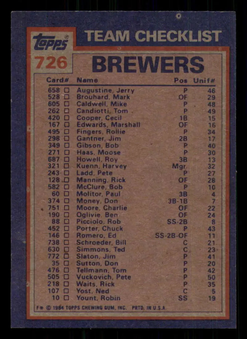 1984 Topps #726 Ted Simmons/Moose Haas EX Excellent Milwaukee Brewers Baseball Card - Baseball Card Single
