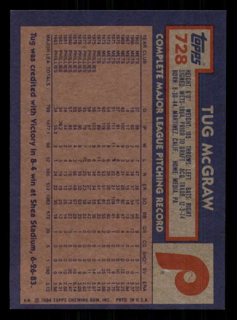 1984 Topps #728 Tug McGraw EX Excellent Philadelphia Phillies Baseball Card - Baseball Card Single