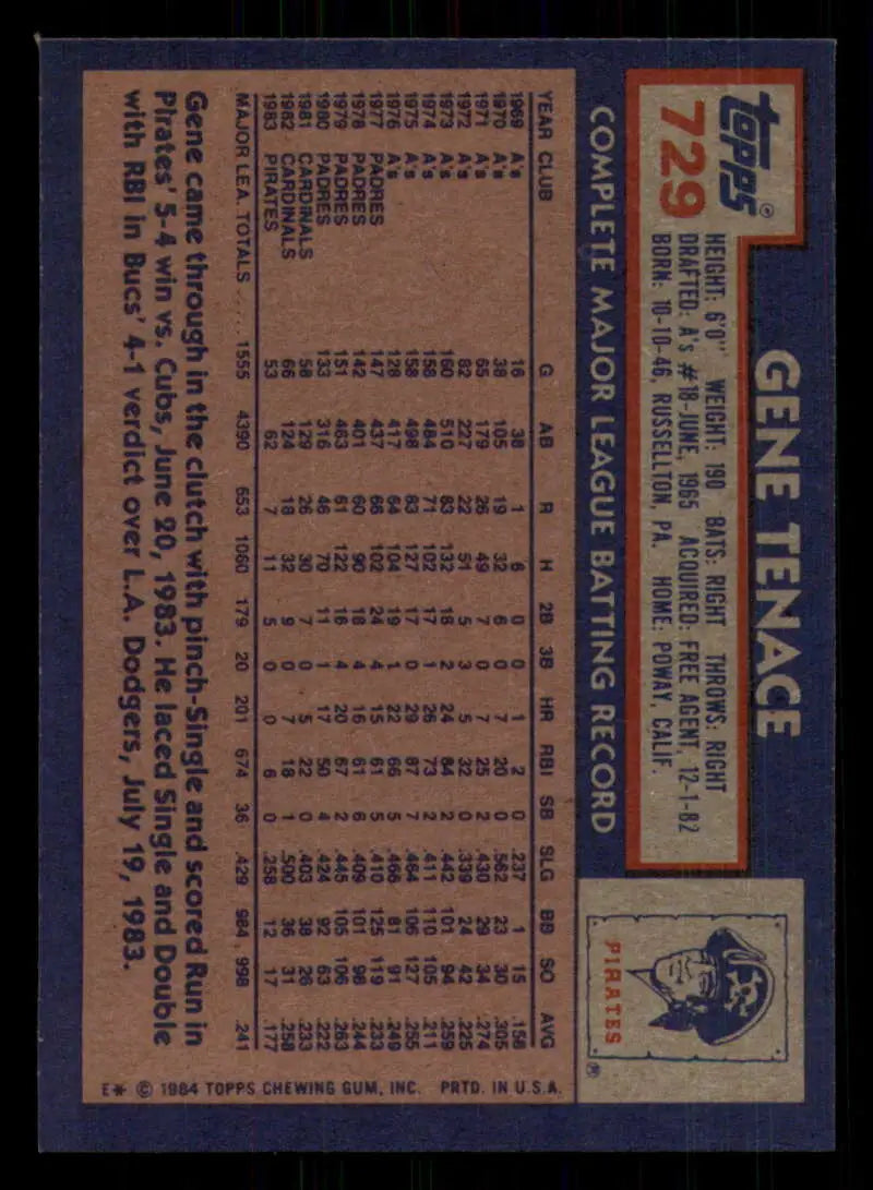 1984 Topps #729 Gene Tenace EX Excellent Pittsburgh Pirates Baseball Card - Baseball Card Single