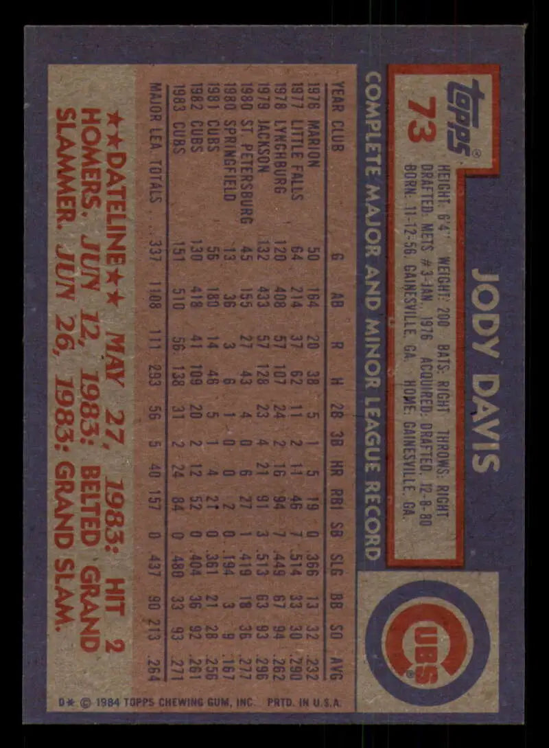 1984 Topps #73 Jody Davis EX Excellent Chicago Cubs Baseball Card - Baseball Card Single