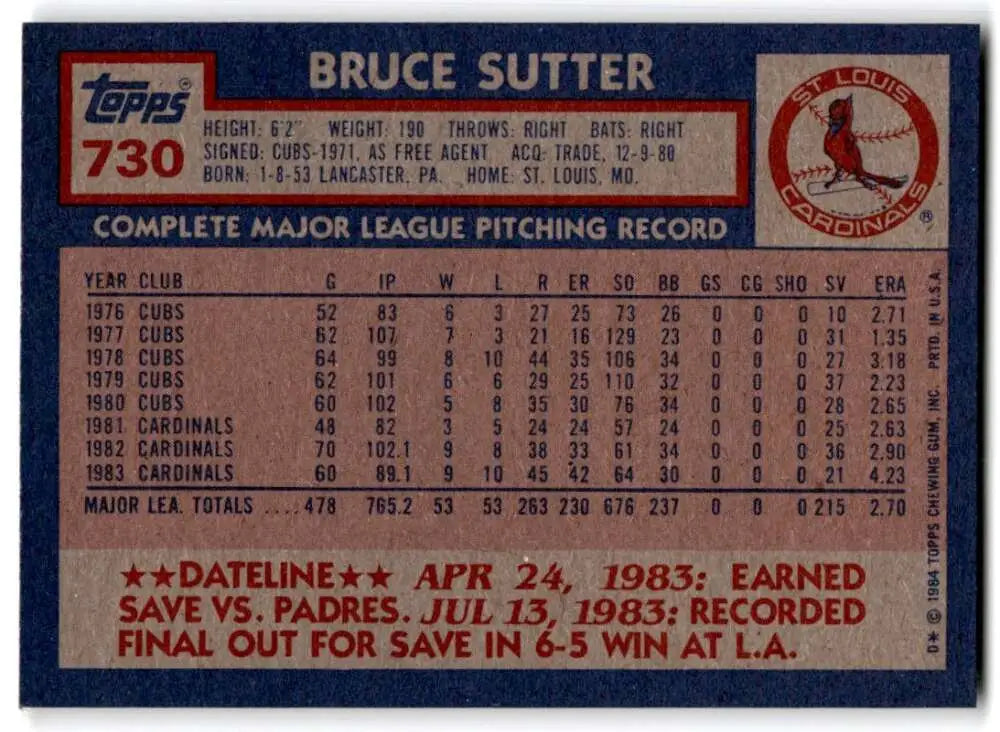 1984 Topps #730 Bruce Sutter EX Excellent St. Louis Cardinals Baseball Card - Baseball Card Single