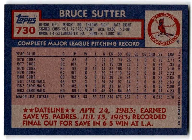 1984 Topps #730 Bruce Sutter EX Excellent St. Louis Cardinals Baseball Card - Baseball Card Single