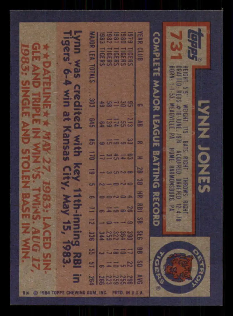 1984 Topps #731 Lynn Jones EX Excellent Detroit Tigers Baseball Card - Baseball Card Single