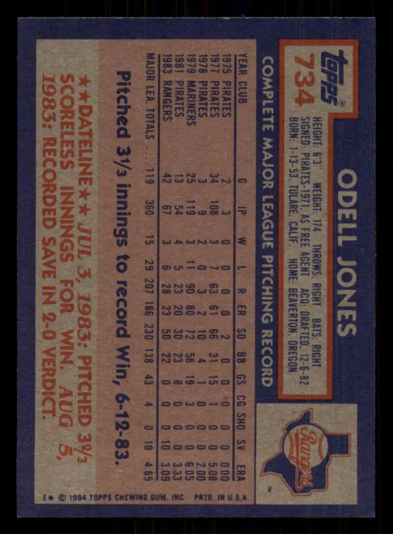 1984 Topps #734 Odell Jones EX Excellent Texas Rangers Baseball Card - Baseball Card Single