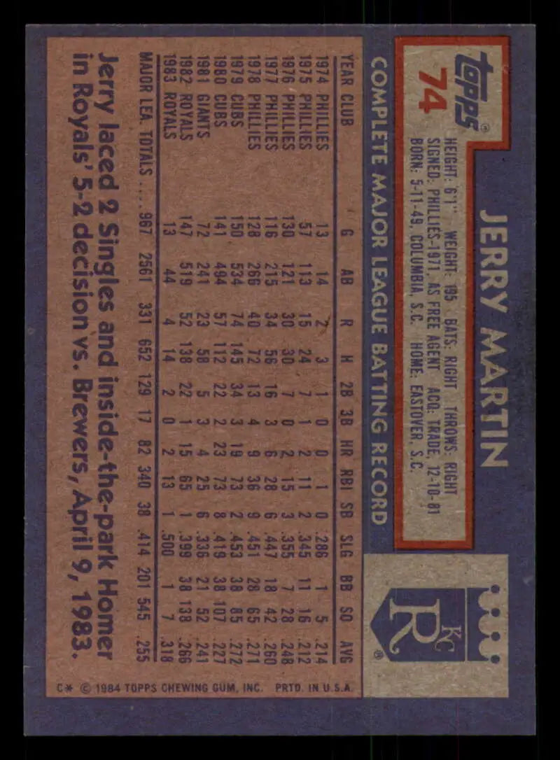 1984 Topps #74 Jerry Martin EX Excellent Kansas City Royals Baseball Card - Baseball Card Single