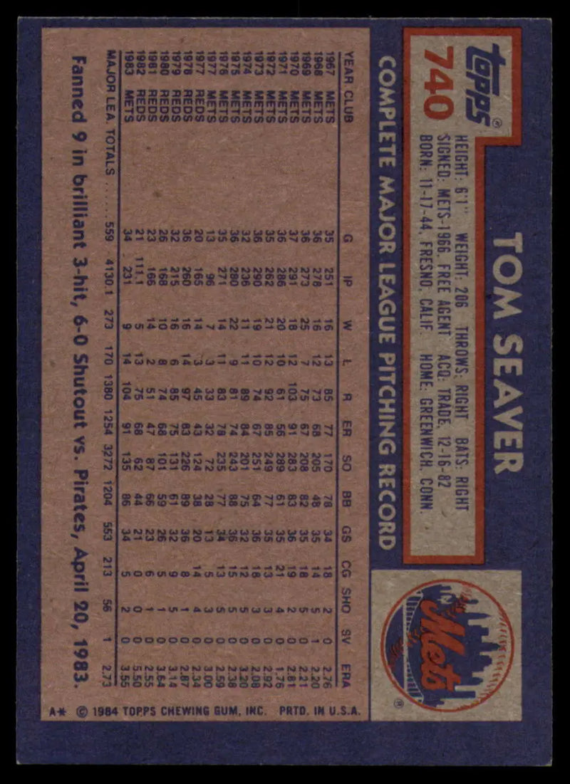 1984 Topps #740 Tom Seaver EX Excellent New York Mets Baseball Card - Baseball Card Single