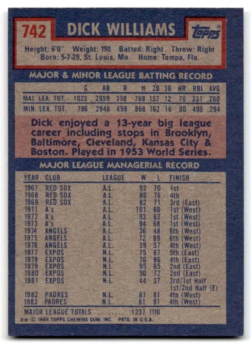 1984 Topps #742 Dick Williams EX Excellent San Diego Padres Baseball Card - Baseball Card Single