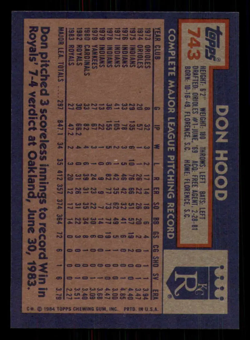 1984 Topps #743 Don Hood EX Excellent Kansas City Royals Baseball Card - Baseball Card Single
