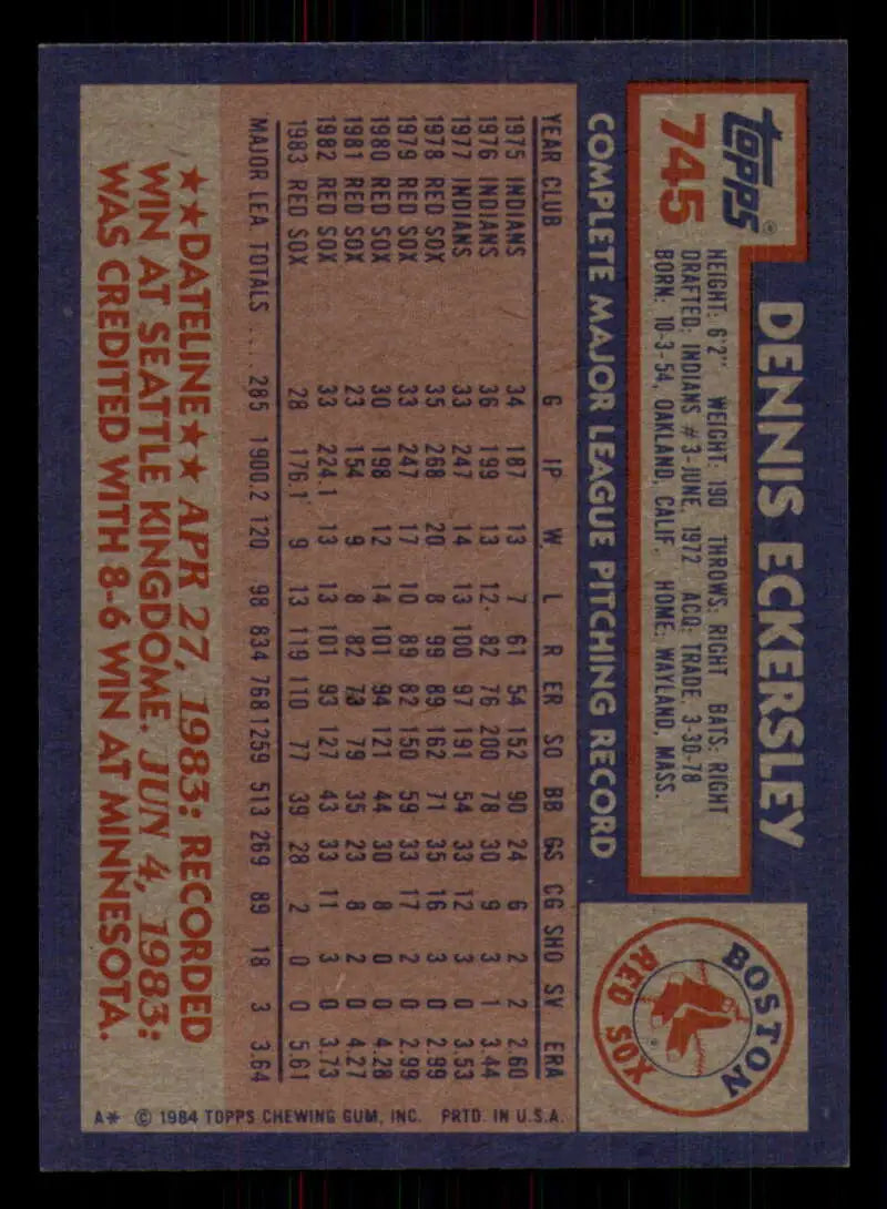1984 Topps #745 Dennis Eckersley EX Excellent Boston Red Sox Baseball Card - Baseball Card Single