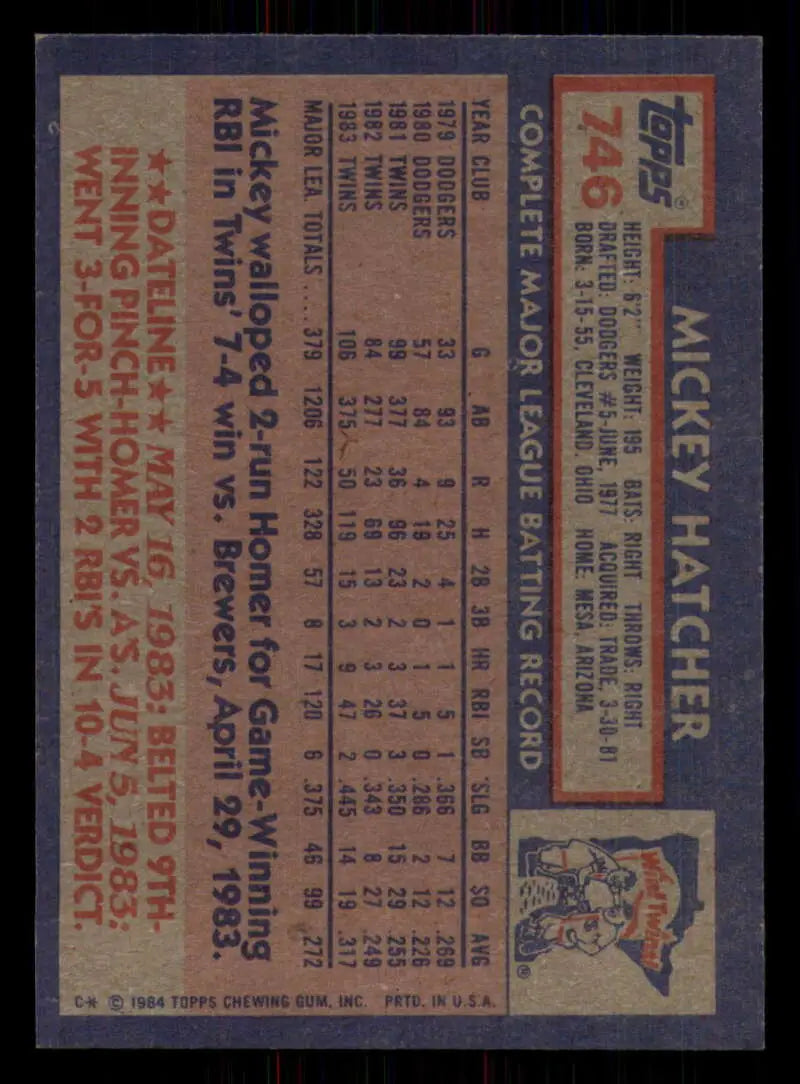 1984 Topps #746 Mickey Hatcher EX Excellent Minnesota Twins Baseball Card - Baseball Card Single