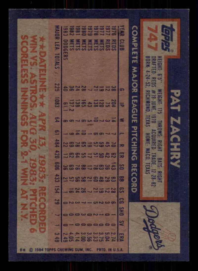 1984 Topps #747 Pat Zachry EX Excellent Los Angeles Dodgers Baseball Card - Baseball Card Single