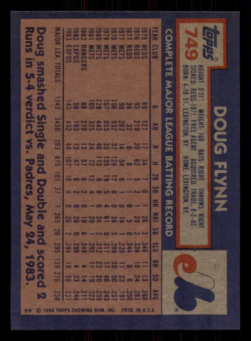 1984 Topps #749 Doug Flynn EX Excellent Montreal Expos Baseball Card - Baseball Card Single