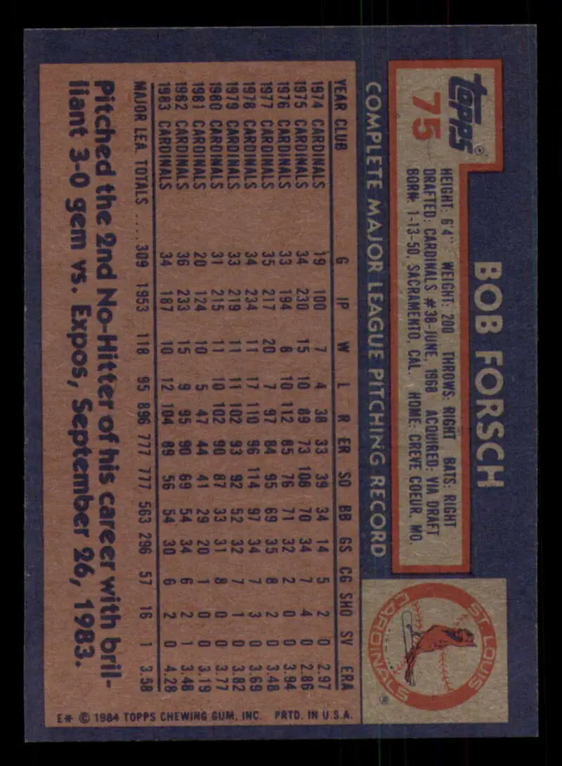 1984 Topps #75 Bob Forsch EX Excellent St. Louis Cardinals Baseball Card - Baseball Card Single